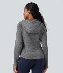 Hooded Long Sleeve Fleece Knitted Hiking Jacket with Pockets