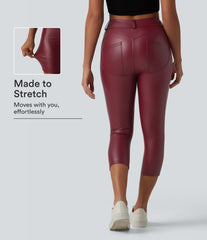 High Waisted Stretchy PU Casual Capri Leggings with Pockets