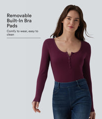 Ribbed Henley Neck Long Sleeve Slim Casual T-Shirt