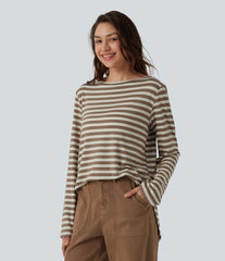 Boat Neck Long Sleeve Curved Hem Stripe Casual T-Shirt