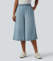 High Waisted Wide Leg Capri Casual Jeans with Pockets