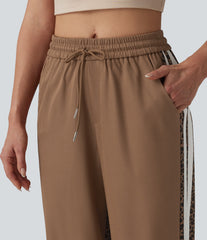Mid Rise Drawstring Color Block Stripes Contrast Leopard Casual Joggers with Pockets