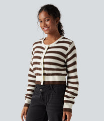 Round Neck Long Sleeve Stripe Work Cardigan