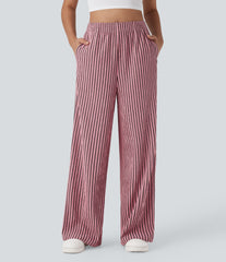 High Waisted Straight Leg Crinkle Casual Pants with Pockets
