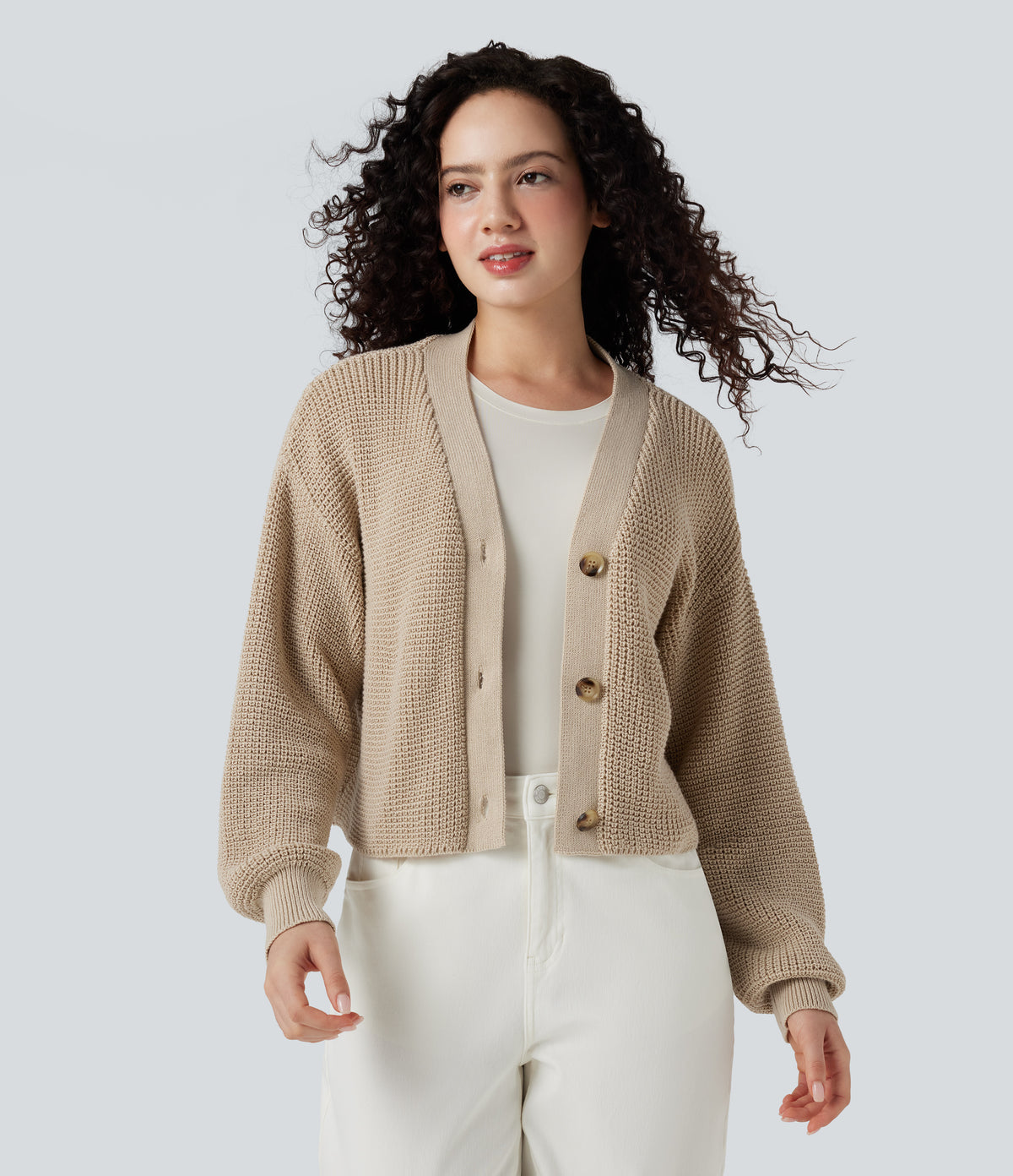V-neck Long Sleeve Waffle Casual Cardigan