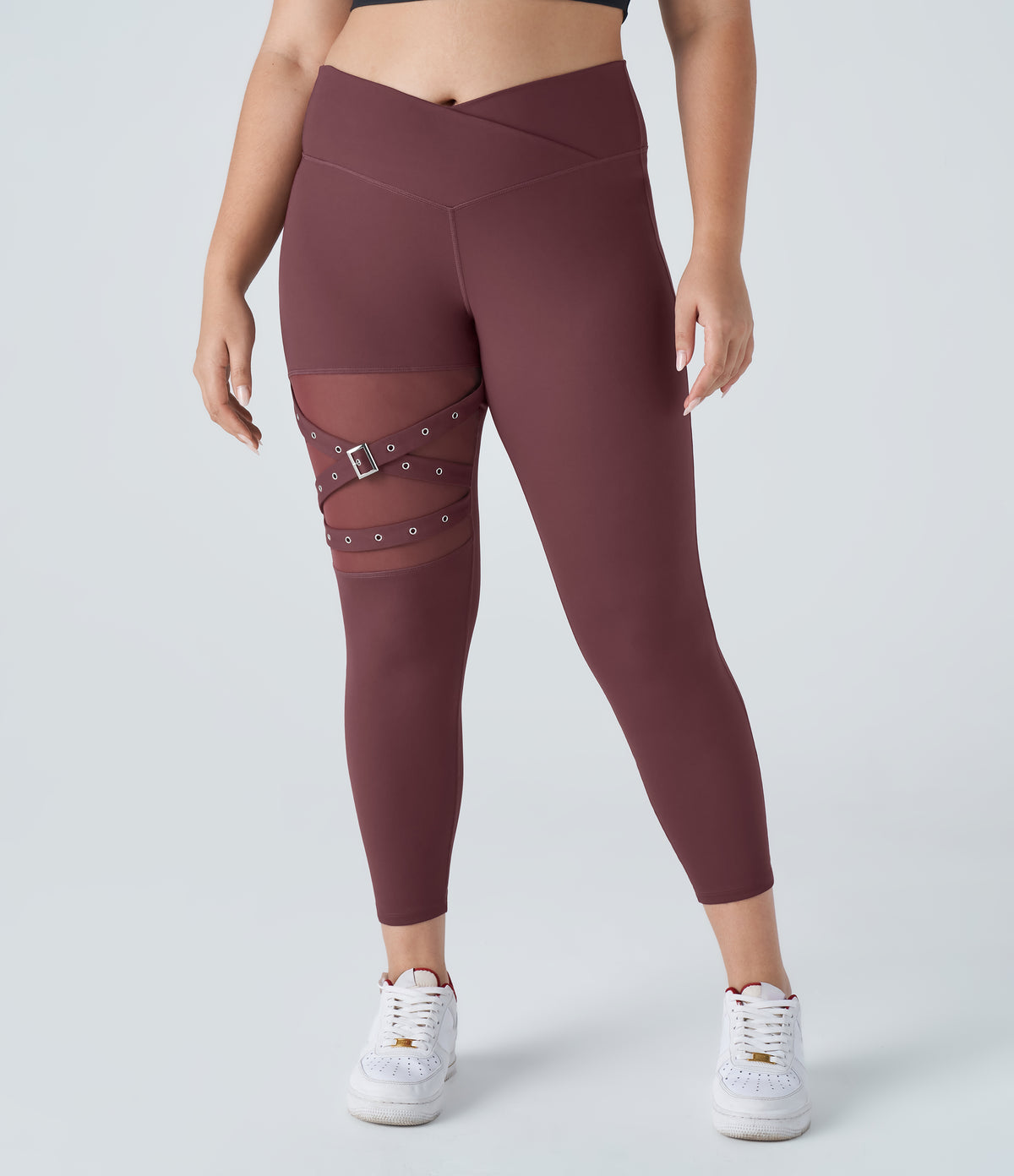DayStretch High Waisted Crossover Contrast Mesh Decorative Buckle Yoga Plus Size Leggings