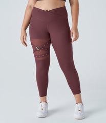 DayStretch High Waisted Crossover Contrast Mesh Decorative Buckle Yoga Plus Size Leggings