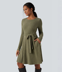 Ribbed Knit Round Neck Long Sleeve Belted Casual Dress with Pockets