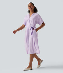 Breezeful™ V Neck Half Sleeve Belted Quick Dry Midi Work Dress with Pockets