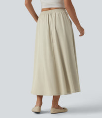 High Waisted Flowy Midi Denim Like Casual A-line Skirt with Pockets