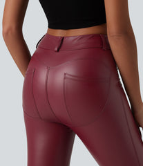 High Waisted Stretchy PU Casual Capri Leggings with Pockets
