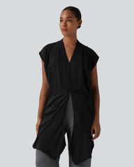 V Neck Wrapped Sleeveless Linen-Feel Work Blouse