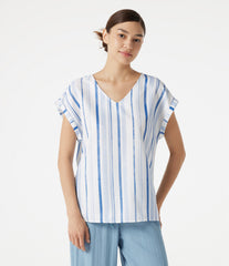 V Neck Cap Sleeve Striped Casual T-Shirt