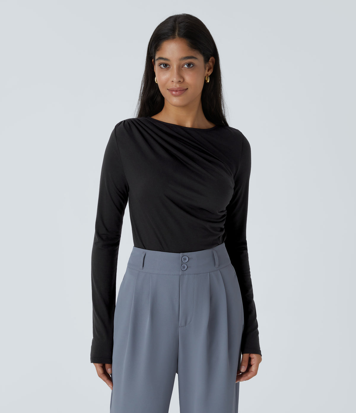 Long Sleeve Asymmetric Ruched Work Top