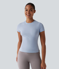 Ribbed Knit Round Neck Short Sleeve Workout Sports Top
