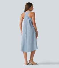 Backless Racerback High Low Built-in Bra Gingham Flowy Midi Resort Dress with Pockets