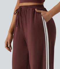 High Waisted Drawstring Color Block Stripes Casual Baggy Pants with Pockets