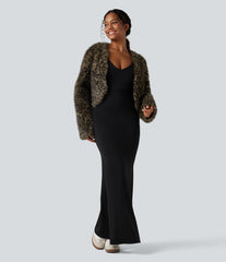 V Neck Long Sleeve Casual Faux Fur Coat