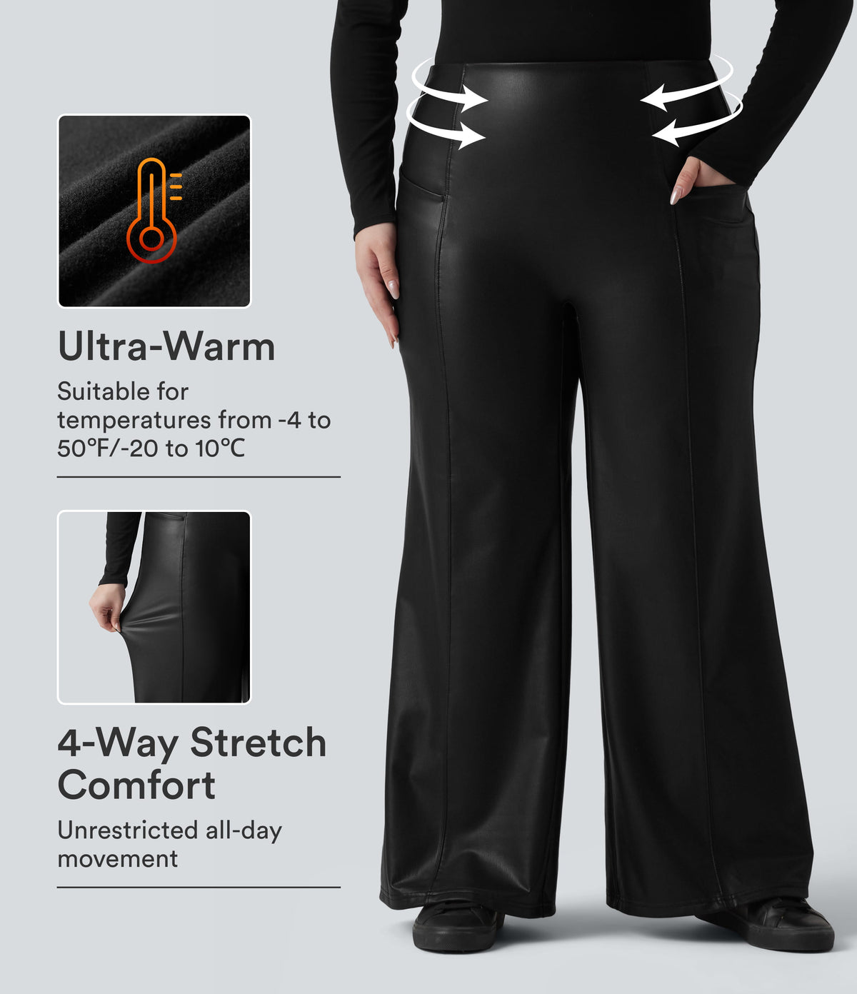 High Waisted Tummy Control Stretchy PU Fleece Casual Plus Size Flare Pants with Pockets