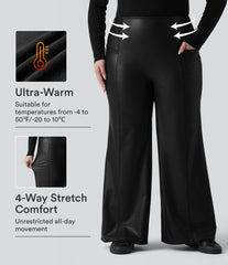 High Waisted Tummy Control Stretchy PU Fleece Casual Plus Size Flare Pants with Pockets