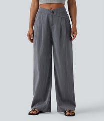 Asymmetric Mid Rise Pleated Casual Linen-Feel Baggy Pants with Pockets