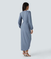 V Neck Long Sleeve Tulip Hem Midi Dress