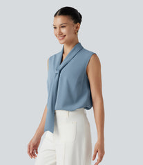Wrinkle-Resistant V Neck Sleeveless Relaxed Work Tie Blouse