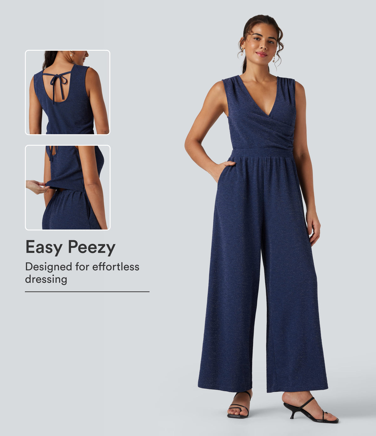 V Neck Sleeveless Tie Back Wide Leg Casual Sparkle Jumpsuit with Pockets-Easy Peezy Edition