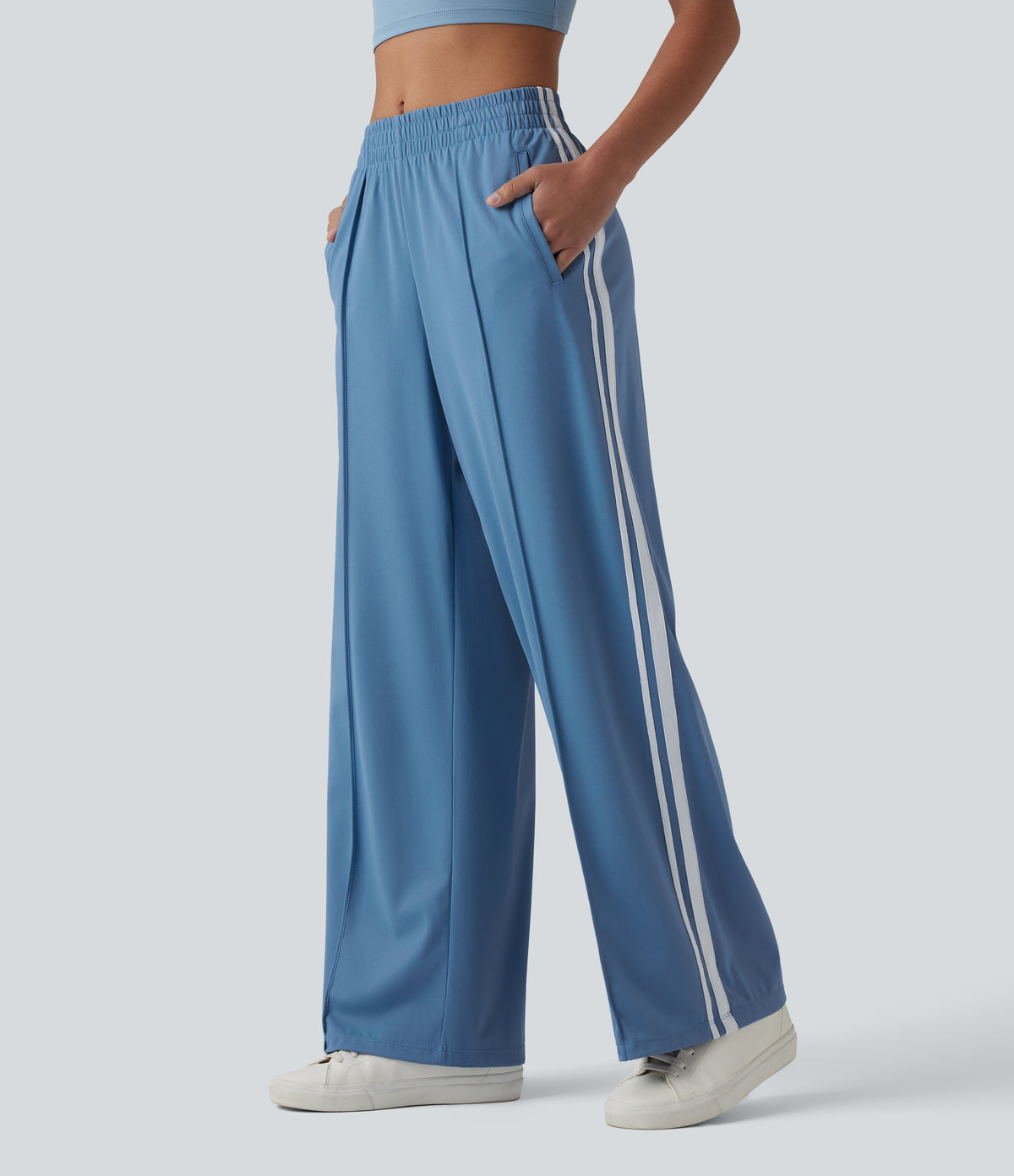 Mid Rise Color Block Stripes Quick Dry Casual Straight Leg Pants with Pockets-UPF40+