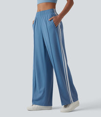 Mid Rise Color Block Stripes Quick Dry Casual Straight Leg Pants with Pockets-UPF40+