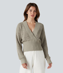 V-neck Long Sleeve Hollow Out Work Sweater