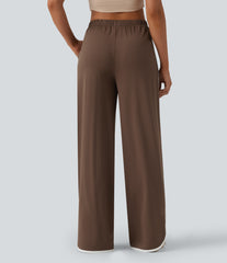 High Waisted Curved Hem Color Block Casual Baggy Pants with Pockets