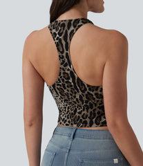 Deep V-neck Racerback Leopard Print Casual Tank Top