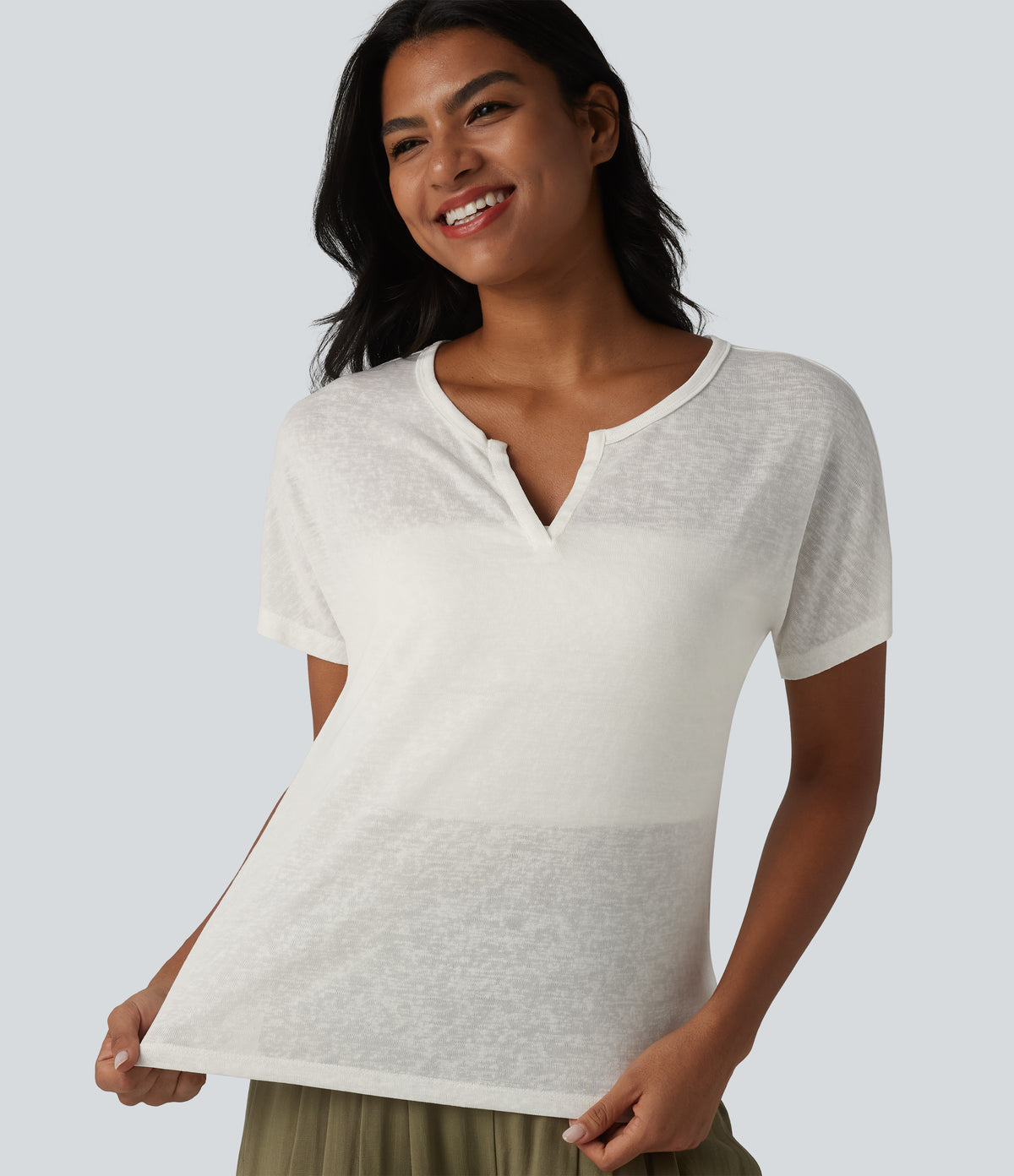 Semi Sheer V-neck Short Sleeve Lyocell Casual T-Shirt