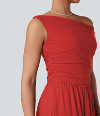 One-shoulder Sleeveless Ruched Maxi Bridesmaid And Wedding Guest Dress