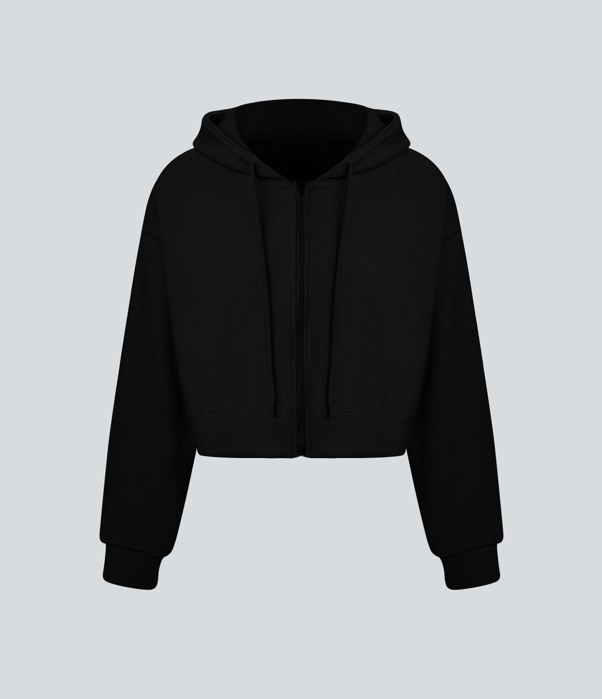 Waffle Hooded Drawstring Zipper Cropped Casual Cotton Sports Sweatshirt