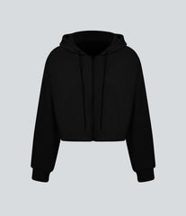 Waffle Hooded Drawstring Zipper Cropped Casual Cotton Sports Sweatshirt
