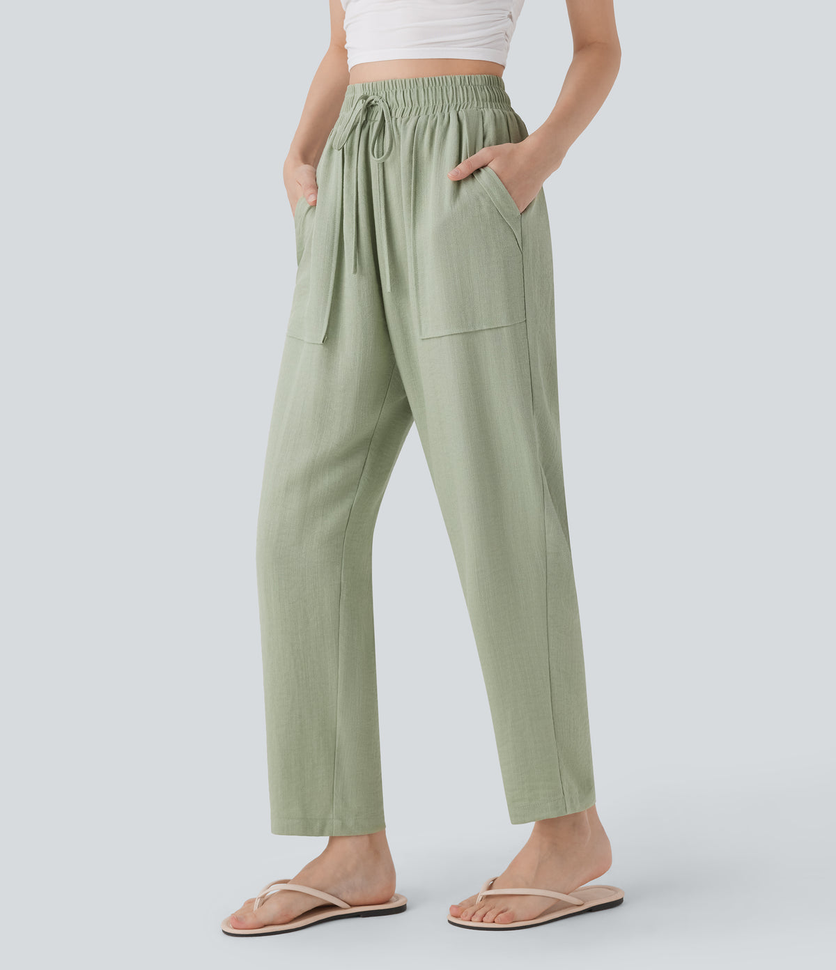 High Waisted Drawstring Casual Tapered Linen-Feel Pants with Pockets