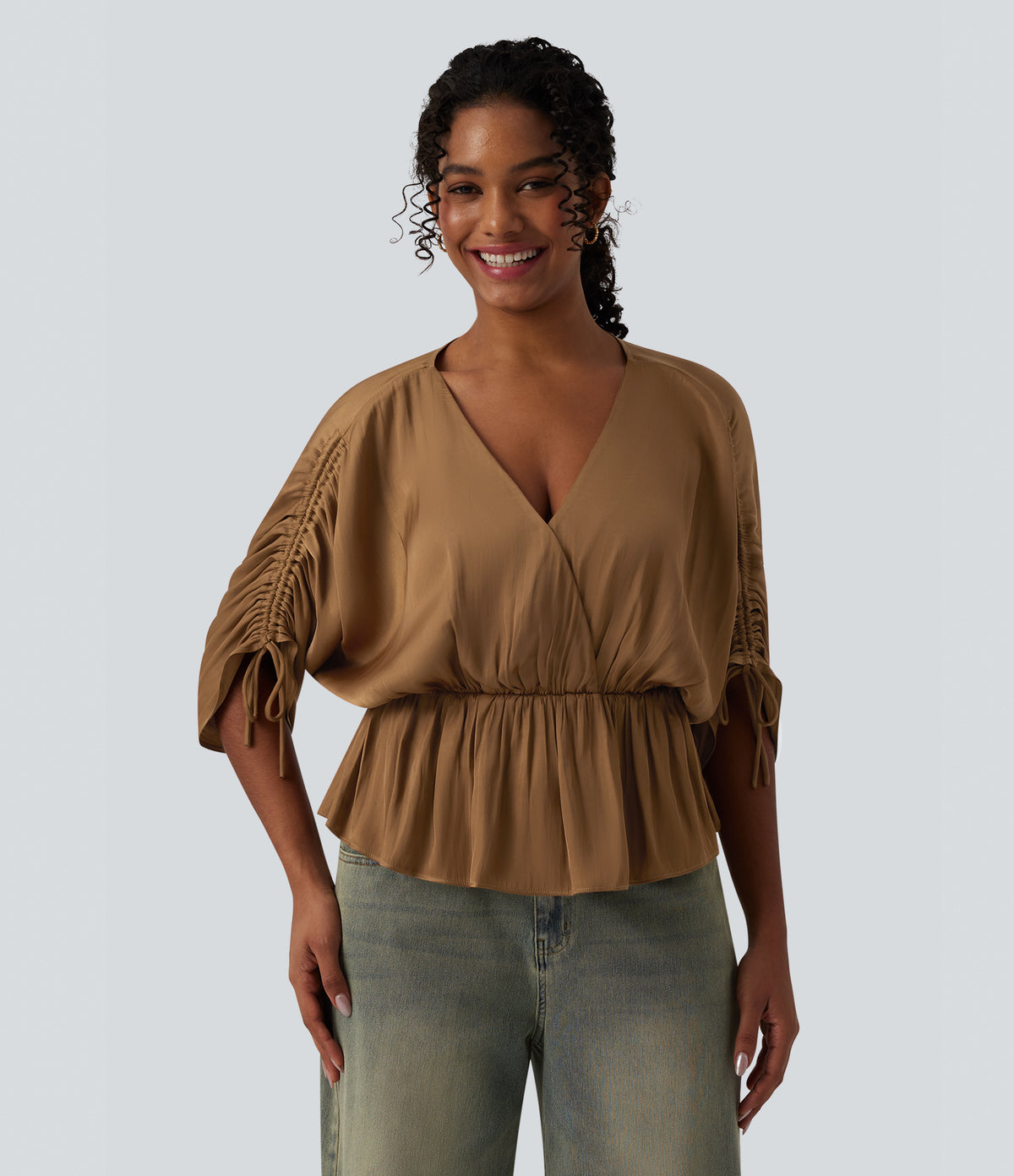 V neck Drawstring Batwing Sleeve Casual Blouse