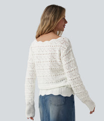 Boat Neck Long Sleeve Open Knit Casual Sweater