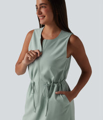 Round Neck Sleeveless Half Zip Drawstring Mini Hiking Active Dress with Pockets