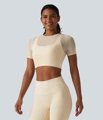 Contrast Mesh Short Sleeve 2-in-1 Cropped Yoga Sports Top