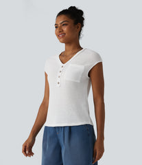 V-neck Cap Sleeve Waffle Casual Top with Pocket