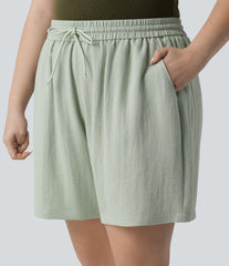 High Waisted Drawstring Casual Linen-Feel Plus Size Shorts with Pockets