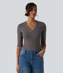 Ribbed Knit V Neck Half Sleeve Casual T-Shirt