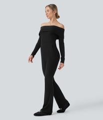 Ribbed Knit Foldover Off Shoulder Long Sleeve Bootcut Casual Jumpsuit with Pockets-Easy Peezy Edition