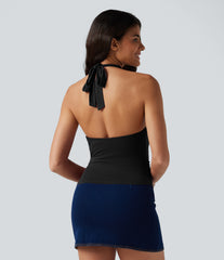 Halter Tie Back Built-in Bra Ruched Casual Tank Top