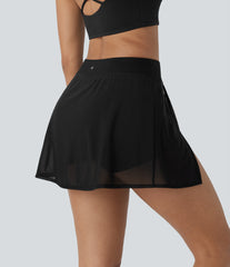 High Waisted 2-in-1 Pocket Contrast Mesh Mini Yoga Skirt