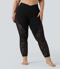 SoftlyZero™ High Waisted Crossover Contrast Lace 7/8 Yoga Plus Size Leggings with Pockets-UPF50+