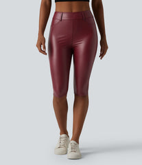 High Waisted Stretchy PU Casual Pedal Pushers Leggings with Pockets